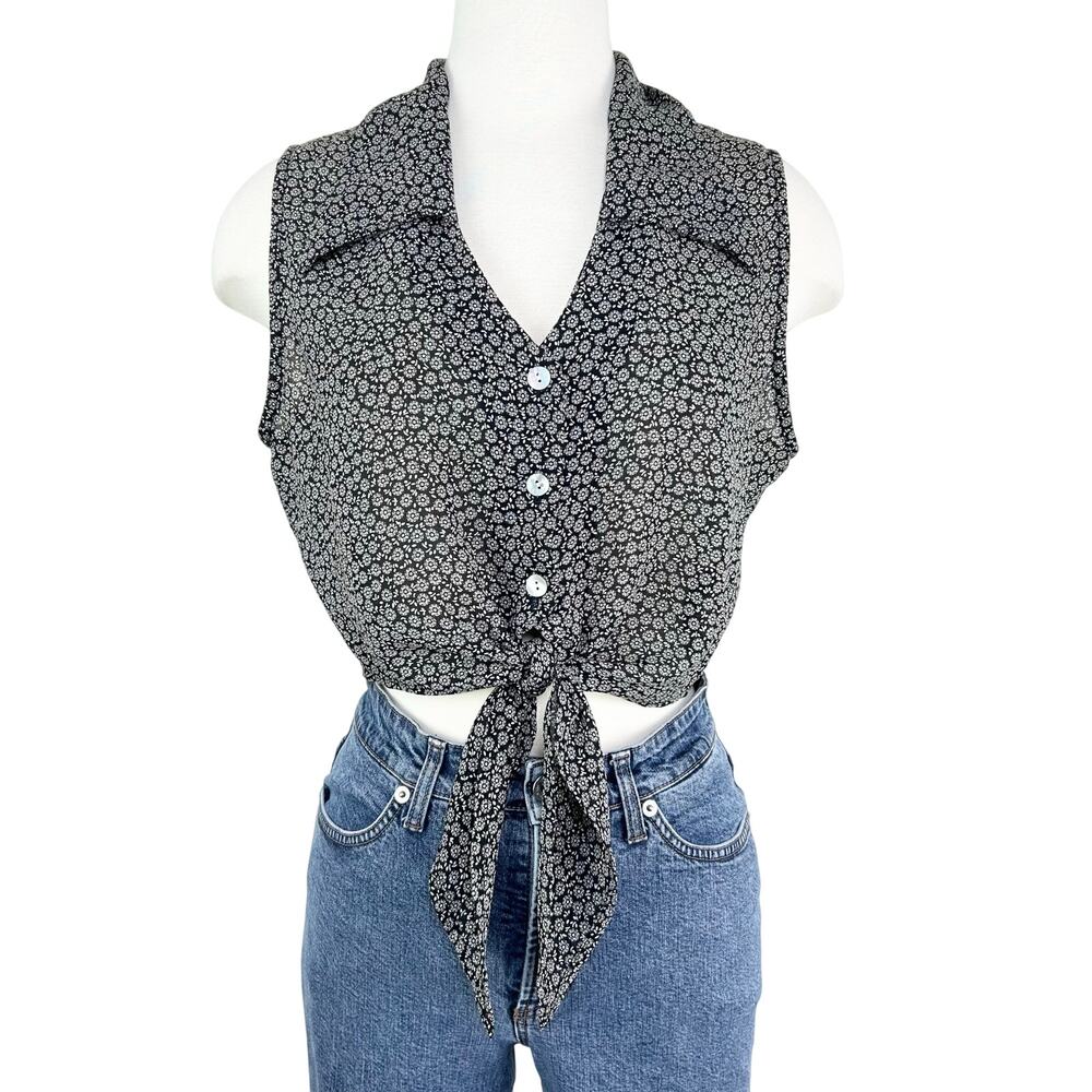 Vintage Jay Jacobs Tie Front Top Women Large Sleeveless Button Down Ditsy Floral